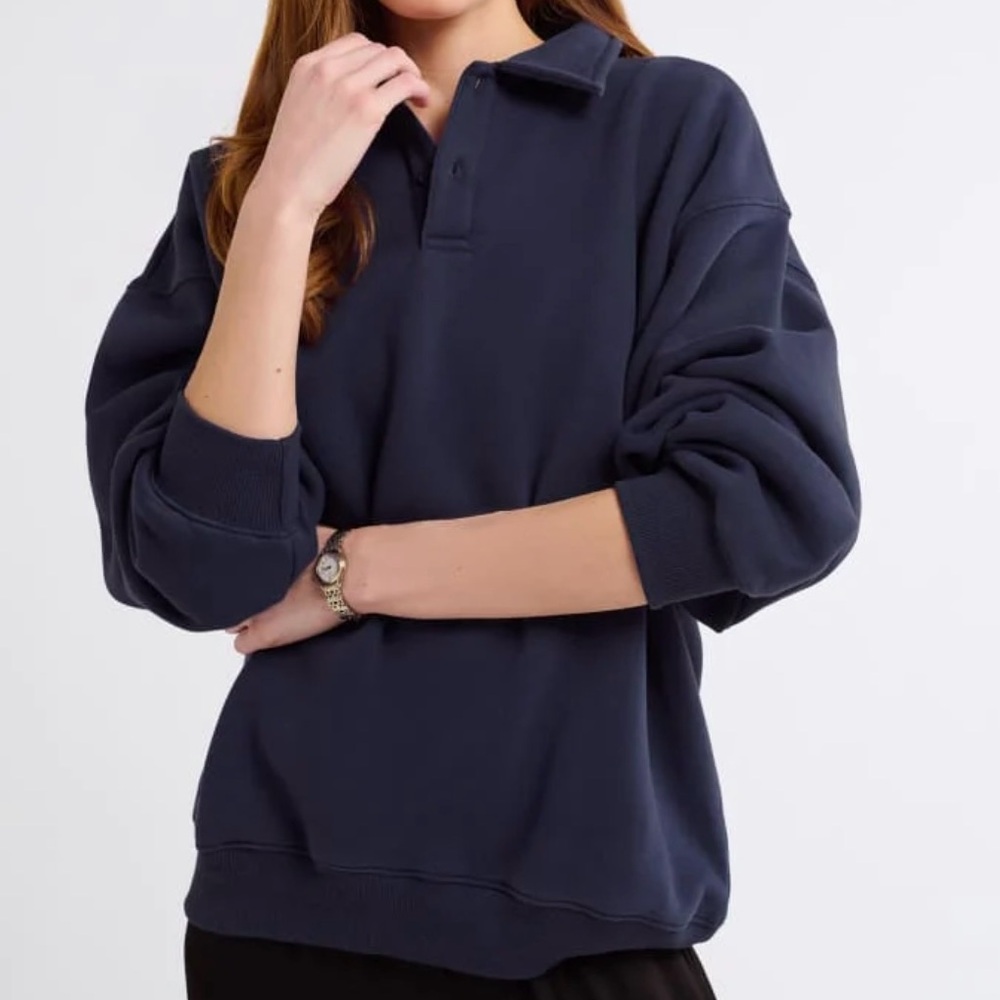 Rumored Navy Blue Collared Quarter-Zip Sweatshirt Pullover